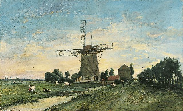 Johan Barthold Jongkind | Molen bij Overschie, olieverf op doek, 34,7 x 55,8 cm, gesigneerd r.o. en gedateerd '57
