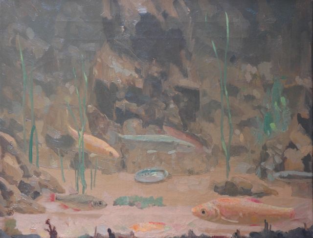 Gerrit Willem Dijsselhof | Vissen in een aquarium, olieverf op doek, 38,5 x 49,9 cm, gesigneerd l.o. met monogram