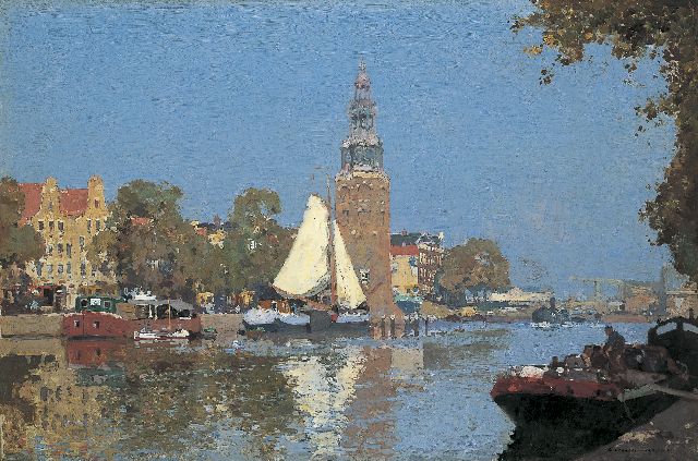 Cornelis Vreedenburgh | Gezicht op de Oude Schans met de Montelbaanstoren, Amsterdam, olieverf op doek, 60,3 x 90,0 cm, gesigneerd r.o. en gedateerd 1921