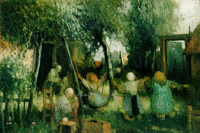 Henri van Daalhoff | Boerenlandschap met spelende kinderen, olieverf op paneel, 27,0 x 35,5 cm, gesigneerd r.o.