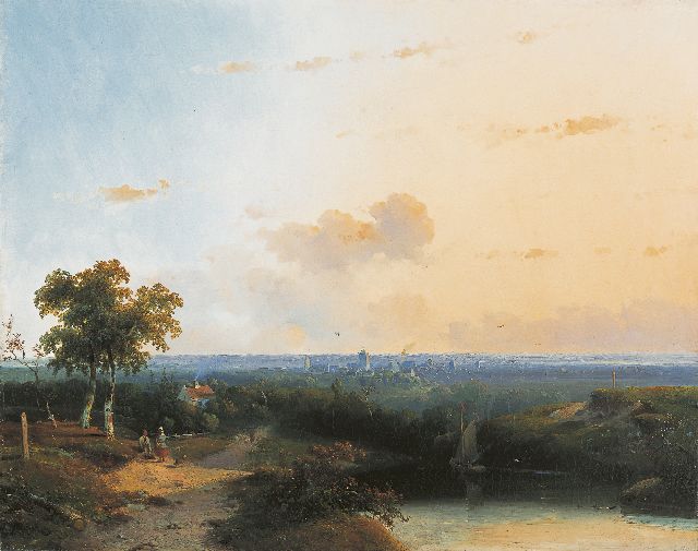 Adriaan Vrolijk | Panoramisch zomerlandschap met wandelaars langs een meer, olieverf op doek, 50,5 x 63,0 cm, gesigneerd r.o. en gedateerd '53
