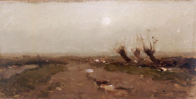 Aris Knikker | Polderlandschap met knotwilgen, olieverf op doek op schildersboard, 18,4 x 34,7 cm, gesigneerd r.o.