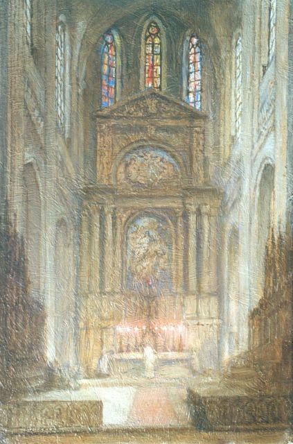 Ko Cossaar | Kerk interieur, olieverf op doek, 40,5 x 27,0 cm, gesigneerd l.o.