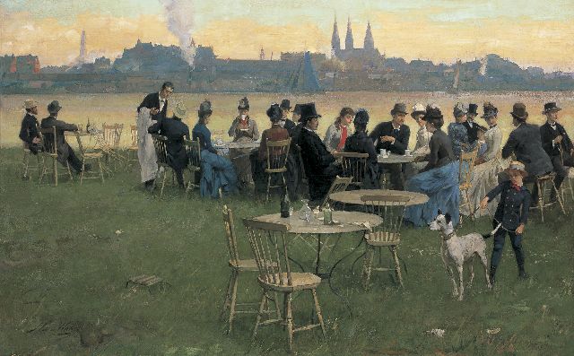 Nicolaas van der Waay | Een zomeravond bij het Tolhuis, Amsterdam, olieverf op doek, 66,0 x 105,0 cm, gesigneerd l.o. en te dateren ca. 1891