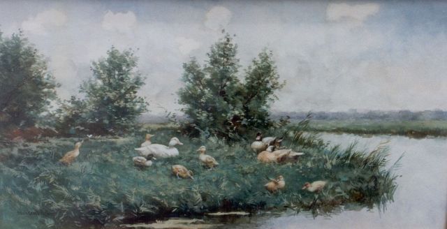 Constant Artz | Eendenfamilie op de waterkant, aquarel op papier, 28,7 x 52,5 cm, gesigneerd l.o.VALS