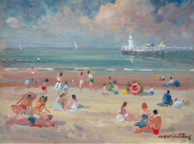 Maurice Paul | Strandgezicht met pier en vuurtoren, olieverf op doek op board, 27,1 x 35,0 cm, gesigneerd r.o.