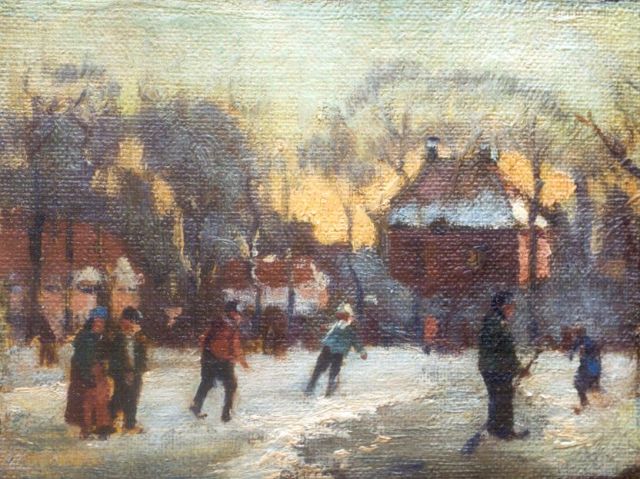 Willem Klijn | Dorpsgezicht met schaatsers, olieverf op doek op paneel, 11,0 x 14,2 cm