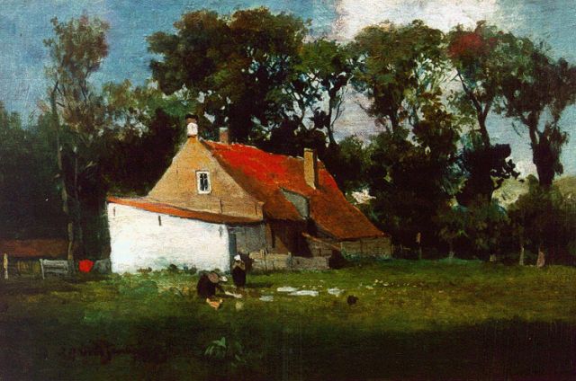 Jan Hendrik Weissenbruch | Was op de bleek voor de boerderij, olieverf op doek op paneel, 18,9 x 28,6 cm, gesigneerd l.o. en te dateren 1882