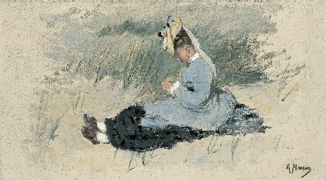 Anton Mauve | Portret van Ariëtte Mauve-Carbentus zittend in de duinen, olieverf op doek op paneel, 19,5 x 33,8 cm, gesigneerd r.o.