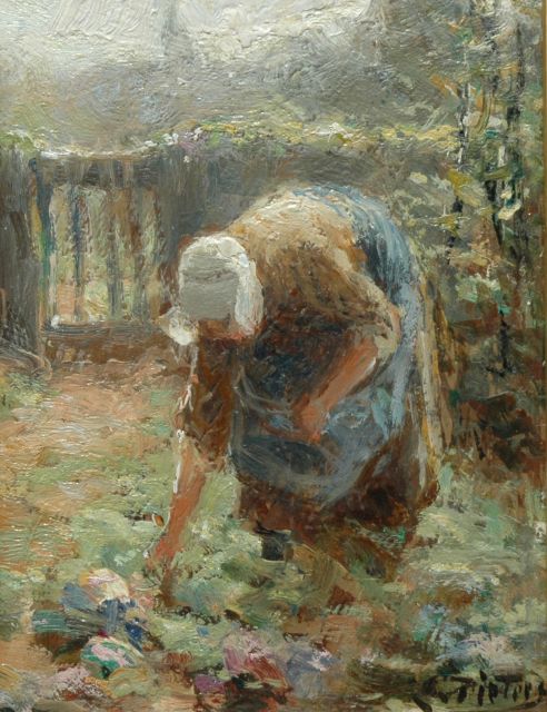 Evert Pieters | Aan het werk in de moestuin (pendant van inv.nr. 7485), olieverf op paneel, 16,0 x 12,0 cm, gesigneerd r.o.