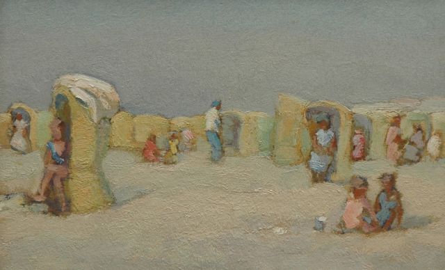 Joop Kropff | Zomerdag aan het strand, olieverf op paneel, 18,5 x 28,6 cm