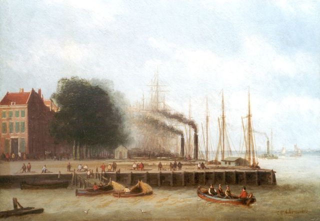 Carl Eduard Ahrendts | Gezicht op de Boompjes in Rotterdam, olieverf op paneel, 16,1 x 22,8 cm, gesigneerd r.o.