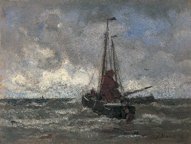 Jacob Maris | Bomschuit in de branding, olieverf op doek, 23,8 x 31,4 cm, gesigneerd r.o.
