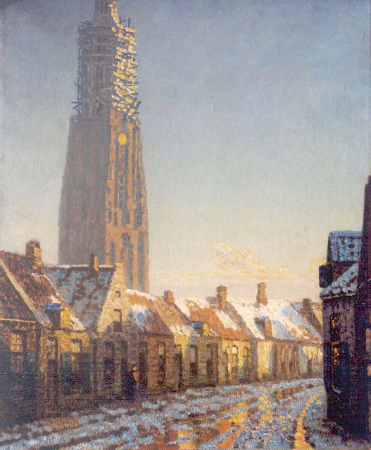 Reinier Sybrand Bakels | Winters stadsgezicht in Amersfoort, met de 'Lange Jan', olieverf op doek, 83,9 x 68,2 cm, gesigneerd r.o.