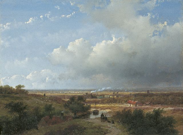 Andreas Schelfhout | Hollands eerste stoomtrein van Haarlem naar Leiden, olieverf op paneel, 25,0 x 33,2 cm, gesigneerd l.o. en gedateerd '53