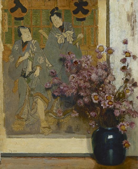 Louis Albert Roessingh | Vaas met droogbloemen voor Japanse prent, olieverf op paneel, 42,2 x 34,3 cm, gesigneerd l.o.