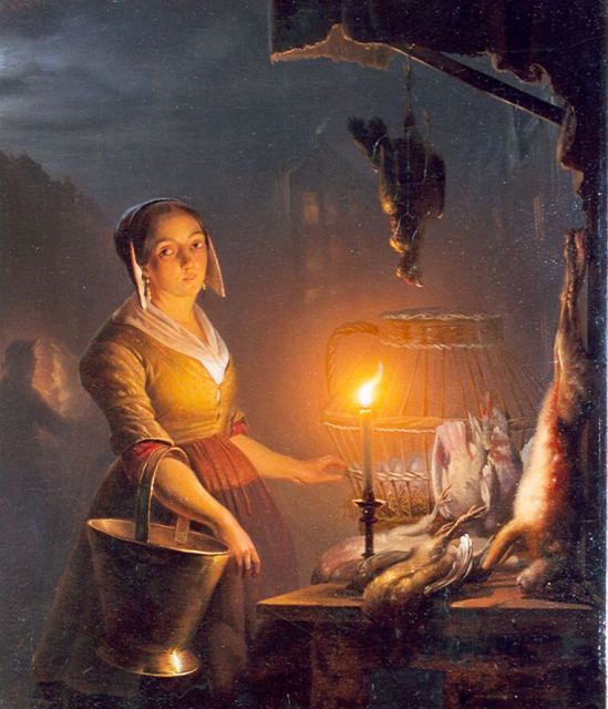 Petrus van Schendel | Avondmarkt, olieverf op paneel, 39,0 x 33,0 cm, gesigneerd r.o. resten van signatuur
