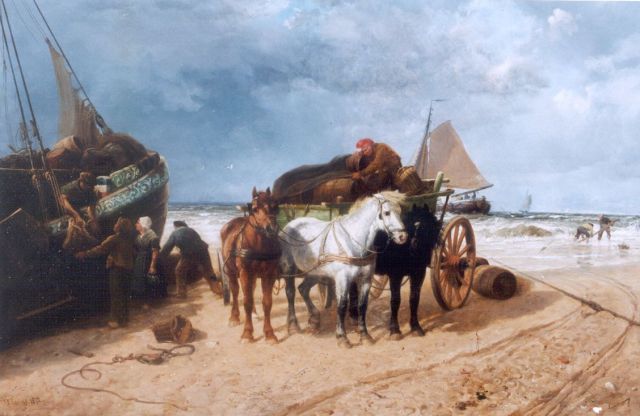 Richard Beavis | Het uitladen van de vangst, Scheveningen, olieverf op doek, 86,5 x 124,6 cm, gesigneerd l.o. en gedateerd 1872