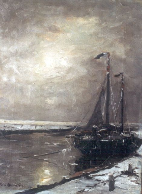 Munthe G.A.L.  | Bomschuiten in de uitwatering te Katwijk, olieverf op doek 41,1 x 31,3 cm, gesigneerd l.o.