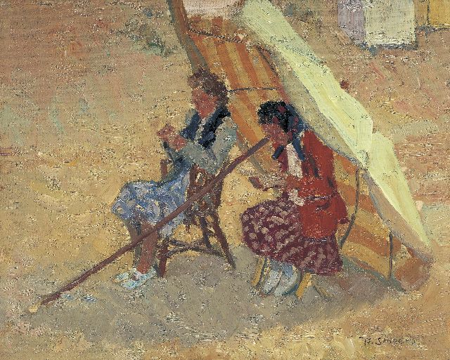 Frans Smeers | Lezend op het strand van Nieuwpoort, olieverf op doek op schildersboard, 32,9 x 40,9 cm, gesigneerd r.o.