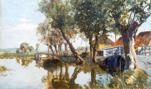 Gerard Altmann | Platbodem bij boerderij met knotwilgen, olieverf op board, 37,9 x 62,0 cm, gesigneerd r.o.