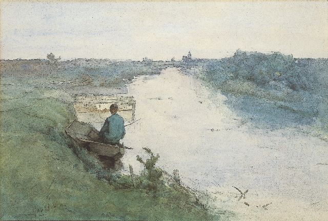 Constan Gabriel | Polderlandschap met visser, aquarel op papier, 30,5 x 45,5 cm, gesigneerd l.o. dubbel