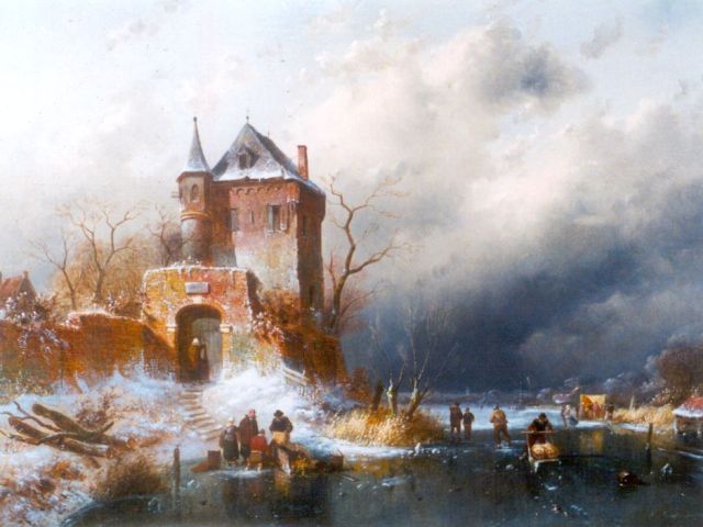 Charles Leickert | IJzige koude op een bevroren rivier, olieverf op doek, 37,1 x 49,6 cm, gesigneerd r.o. en gedateerd '63