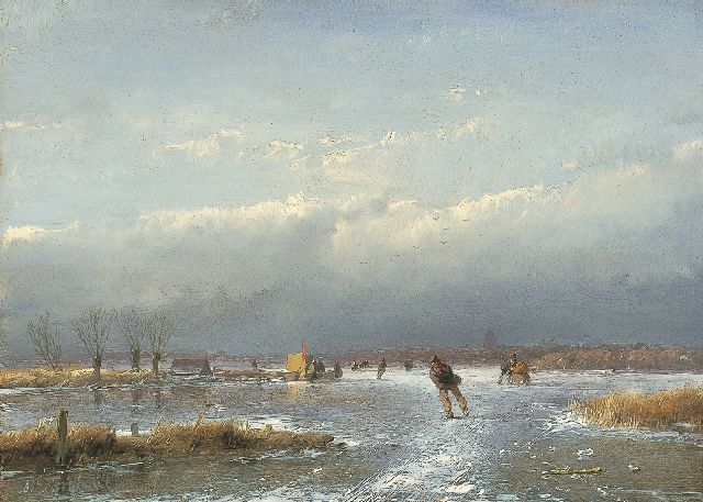Andreas Schelfhout | IJsgezicht met schaatsers en koek-en-zopie, olieverf op paneel, 17,3 x 24,1 cm, gesigneerd l.o. en te dateren 1866-1868