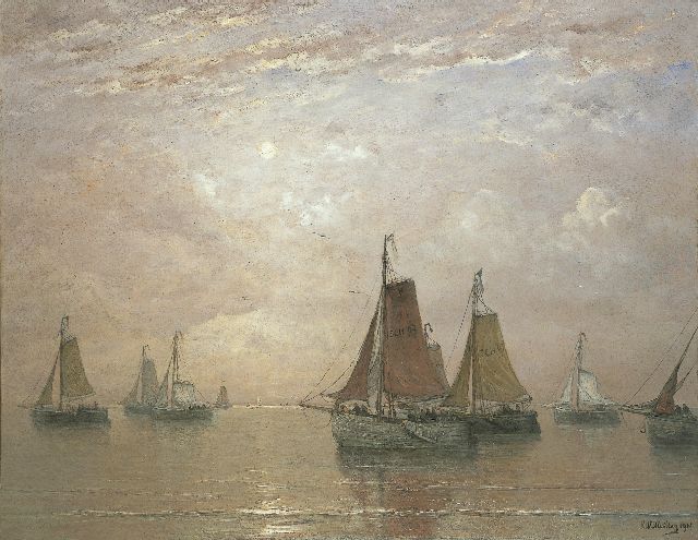 Hendrik Willem Mesdag | Scheveningse vissersschuiten op kalme zee bij namiddagzon, olieverf op doek, 140,0 x 180,0 cm, gesigneerd r.o. en gedateerd 1905