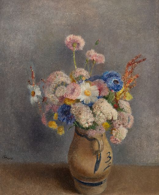 Jan Grégoire | Bloemen in stenen kruik, olieverf op masoniet, 50,0 x 40,0 cm, gesigneerd l.o. en zonder lijst