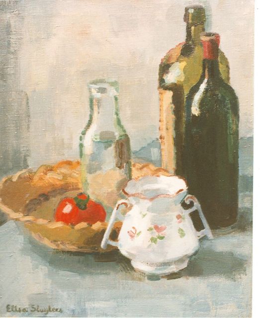 Lies Sluijters | Stilleven van flessen, kan en fruitschaal, olieverf op doek, 50,0 x 40,0 cm, gesigneerd l.o.