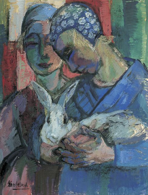 Stien Eelsingh | Twee Staphorster meisjes met konijn, gouache op papier, 63,0 x 48,2 cm, gesigneerd l.o. en te dateren 1960-1962