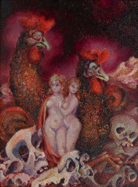 Schippers W.  | Twee naakten, schedels en hanen, olieverf op board 32,0 x 23,9 cm, gesigneerd l.b. met monogram en zonder lijst