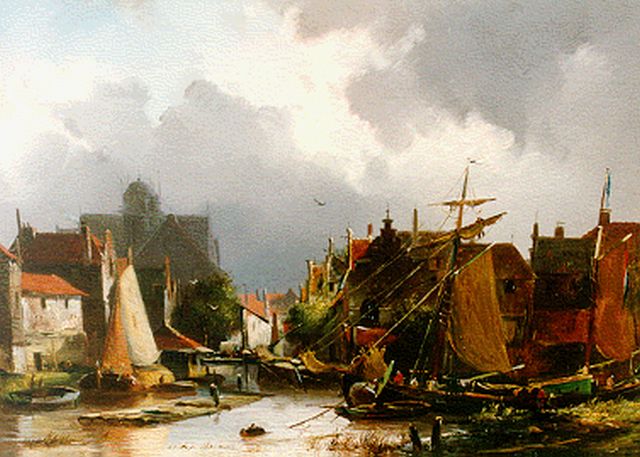 Adrianus David Hilleveld | Gezicht op stadshaventje, olieverf op paneel, 25,1 x 35,8 cm, gesigneerd l.o.