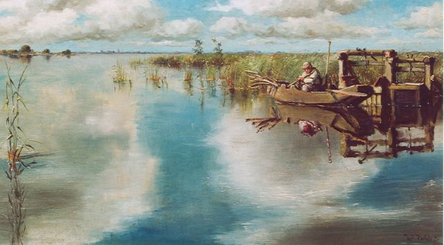Willem Elisa Roelofs jr. | Visser in roeiboot bij visbunnen, olieverf op doek, 40,4 x 70,2 cm, gesigneerd r.o.