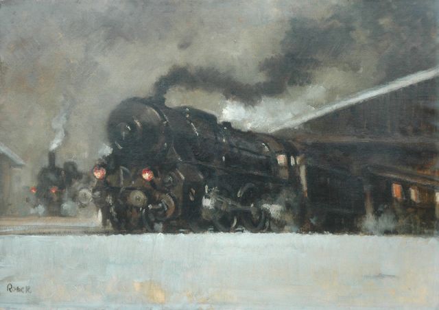 Jaroslav Ronek | Uitrijdende stoomtrein, olieverf op schildersboard, 48,5 x 68,7 cm, gesigneerd l.o.