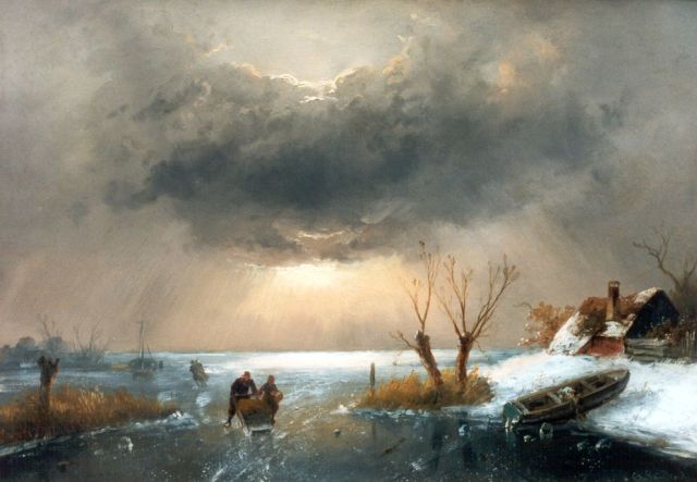 Charles Leickert | Hollandse winter met schaatsers bij zonsondergang, olieverf op paneel, 33,7 x 48,0 cm, gesigneerd r.o.