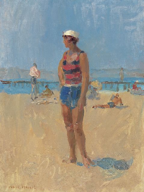 Isaac Israels | Baadster op het strand van Aix-les-Bains, olieverf op doek, 60,2 x 45,3 cm, gesigneerd l.o.