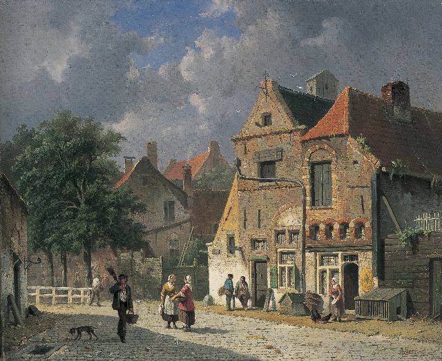 Adrianus Eversen | Zonnig Oudhollands straatje met figuren, olieverf op doek, 40,0 x 48,0 cm, gesigneerd r.o.