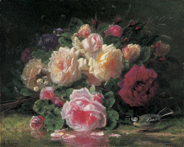 Jean-Baptiste Robie | Rozen en koolmees aan de vijverrand, olieverf op paneel, 42,0 x 52,0 cm, gesigneerd l.o.
