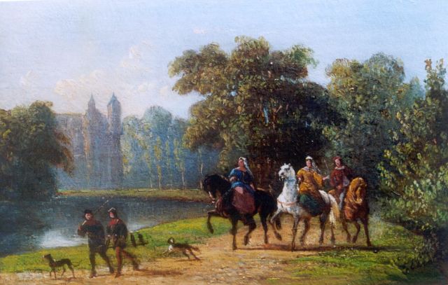 Ferdinand Ernst Lintz | Ruiters bij een middeleeuws slot, olieverf op paneel, 9,7 x 15,3 cm, gesigneerd r.o.
