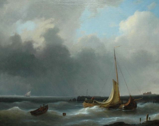 Abraham Hulk | Terugkeer naar de haven bij stormachtig weer, olieverf op doek, 48,3 x 60,3 cm, gesigneerd r.o.