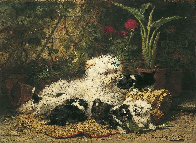 Henriette Ronner-Knip | Cairn Terriër met pups, olieverf op paneel, 32,9 x 45,0 cm, gesigneerd r.o.