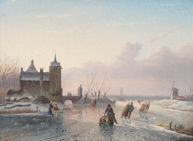 Jacob Jan Coenraad Spohler | Winters riviertje met schaatsvertier, olieverf op doek, 25,6 x 34,7 cm, gesigneerd l.o. en gedateerd '57