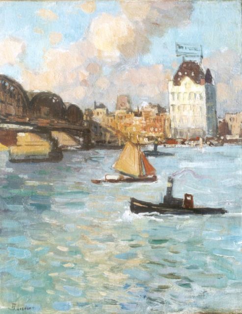 Ben Viegers | Gezicht op de Maas met Het Witte Huis, Rotterdam, olieverf op doek, 30,4 x 24,3 cm, gesigneerd l.o.