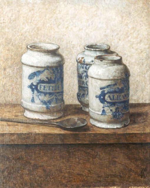 Carl Albert Feldmann | Apothekerspotten, olieverf op doek op paneel, 33,2 x 28,5 cm, gesigneerd r.o. met monogram en gedateerd 1946