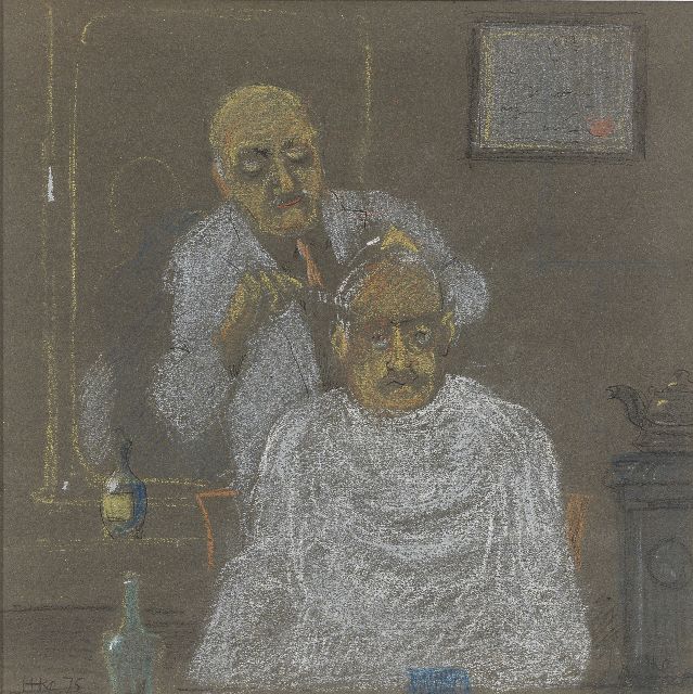 Harm Kamerlingh Onnes | Bij de kapper, pastel en balpen op papier, 25,5 x 25,5 cm, gesigneerd l.o. en r.o. met monogram en gedateerd '75