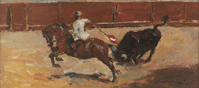 Jan Groenestein | Stierengevecht, olieverf op board, 29,0 x 64,4 cm, gesigneerd r.o.