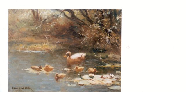 Constant Artz | Moedereend met 5 kuikens tussen de waterlelies, olieverf op paneel, 18,2 x 24,2 cm, gesigneerd l.o.