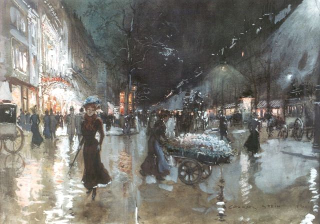 Georges Stein | Boulevard des Capucines in Parijs bij avond, potlood, aquarel en gouache op papier, 25,0 x 34,0 cm, gesigneerd r.o.